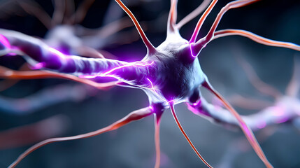 close-up of a glowing neuron with electric connections extending from its synapses