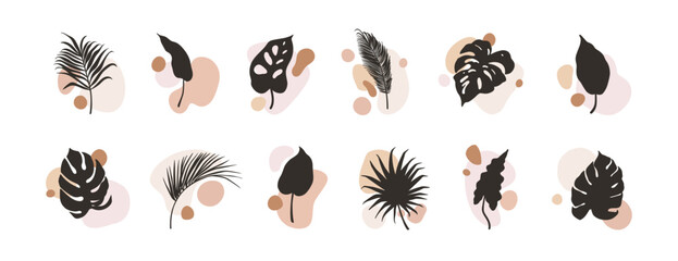 Leinwandbilder - Exotic leaf and abstract shape patterns, floral set. Tropical leaves and geometric elements in modern minimal style, organic nature silhouettes. Flat vector illustration isolated on white background
