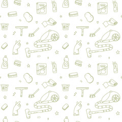 vector seamless pattern with cleaning products and brushes