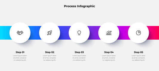 Poster - Clean and colorful infographic template showing five steps of a business process with icons and text, perfect for presentations