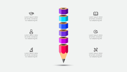 Poster - Illustration of a colorful pencil infographic surrounded by icons representing education, learning, science, and creativity in professional and academic contexts