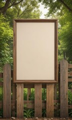 Wall Mural - Blank poster frame on rustic wooden fence, idyllic park setting, texture, vertical, design