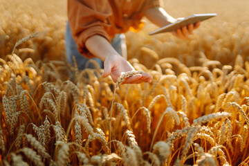 Fototapete - A young female agronomist with a digital tablet works in a golden wheat field. A farmer checks the quality of the crop with a tablet. The concept of agriculture, rich harvest.