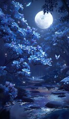 Wall Mural - In the moonlit night, blue magnolia blooms on trees by the stream. The flowers bloom brightly and