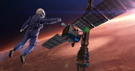 Wall Mural - an astronaut floating around satellite. planet mars is visible. space and technology related 4k 3d a