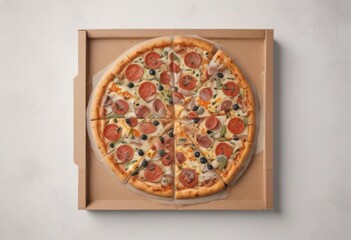 Wall Mural - Flat lay pizza box mockup, corrugated cardboard die-cut template on white ,  corrugated,  layout,  surface