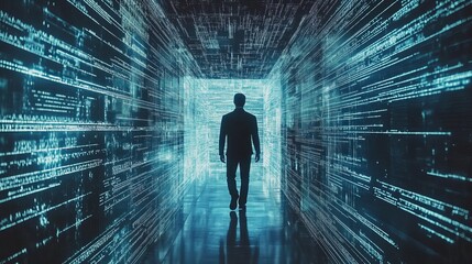 Man walking through futuristic digital data corridor tunnel web blue code flow path cyber space