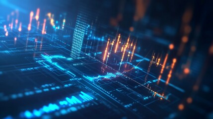 Abstract digital data visualization with blue and orange glowing lines and graphs web code trend