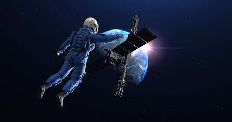 Wall Mural - cinematic space flyby past astronaut toward planet earth and space station. space and technology rel