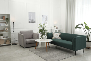 Poster - Stylish living room interior. Comfortable sofa, armchair, coffee table and houseplants indoors