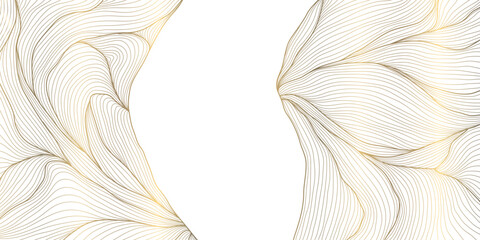 Aufkleber - Vector abstract gold line wave pattern, luxury elegant frame with organic fluid elements. Japanese soft cards, organic leaves, flow curve glitter, clouds