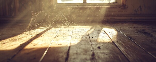 Aufkleber - Sun illuminating dusty spiderwebs in abandoned building interior