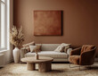 © MDOMAR - A contemporary living room featuring warm brown walls, a stylish sofa, a sleek coffee table, and cozy decor.