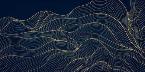 Fototapete - Vector abstract golden wave on dark backgrounds. Thin line modern premium shape, premium curve glitter graphic template, flow vintage art deco pattern.