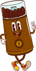 Poster - Cartoon groovy coffee grinder character with funny face and happy smile, vector comic personage. Funky groovy electric mill grinder with coffee beans for kitchen utensils retro cartoon character