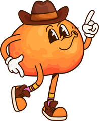 Poster - Cartoon groovy orange fruit cowboy, sheriff or ranger bandit, vector character. Funny groovy orange in cowboy hat as Wild West sheriff or Western ranger and fruit bandit character happy whistling
