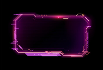 Poster - Purple neon game frame asset, HUD interface overlay template for gaming, streaming or high tech visual. 3d vector futuristic glowing cyberpunk border, digital scifi callout title, information call box