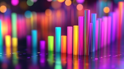 Aufkleber - A D bar graph with tall, glossy pillars in various colors rising from a reflective surface, symbolizing financial growth and performance analysis