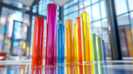 Aufkleber - A D bar graph with tall, glossy pillars in various colors rising from a reflective surface, symbolizing financial growth and performance analysis