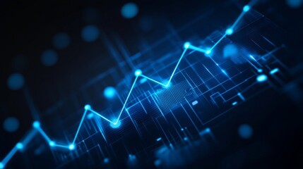 Poster - A D financial line graph with smooth, curving lines connecting glowing points, showing a steady upward trend against a dark digital landscape