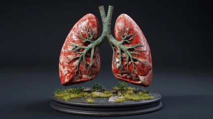 Fototapete - A D rendering of a pair of human lungs with detailed bronchi and alveoli, isolated on a dark background, highlighting the respiratory system