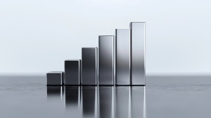 Poster - A D stacked bar chart with metallic bars in ascending order, placed on a reflective surface, highlighting financial progress in a clean, minimalist design