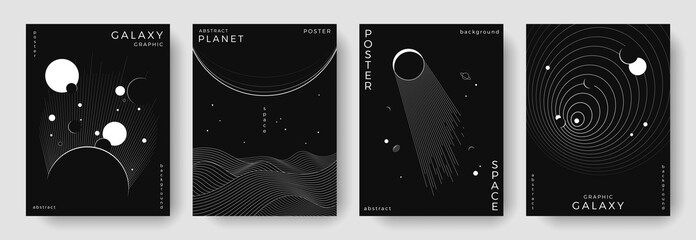 Wall Mural - set of abstract space astronomy backgrounds. line art galaxy, meteorites, planet, solar system. scie