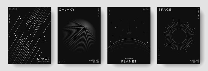 set of abstract space astronomy backgrounds. line art planet, galaxy, black hole, solar system, mete