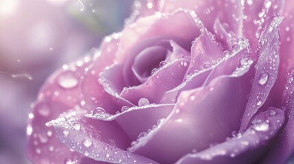 Poster - A delicate close-up of a lavender rose with fresh morning dew, with soft focus on the edges of the petals and the surrounding greenery slightly blurred.