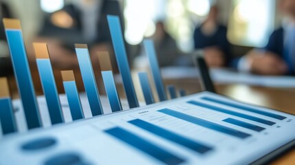 Fototapete - A financial analyst presenting a bar chart on a projector during a business meeting, with audience members focused on the detailed financial data.