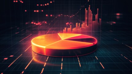 Fototapete - A futuristic D pie chart with floating segments, each glowing with neon lights, set against a dark grid background, representing financial data visualization