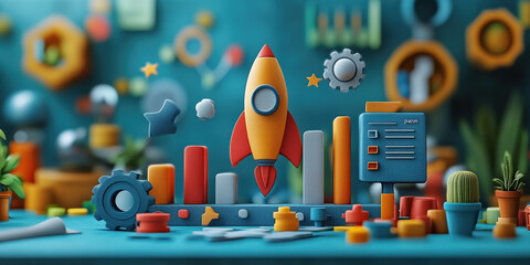 Fototapete - colorful 3D illustration features rocket surrounded by gears, charts, and graphs, symbolizing innovation and business growth. vibrant scene includes plants and abstract shapes