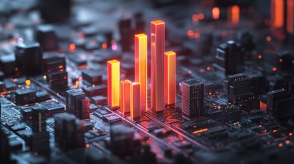 Fototapete - A high-tech D bar chart with luminous bars arranged in a smooth, upward trend, set against a dark, futuristic financial dashboard