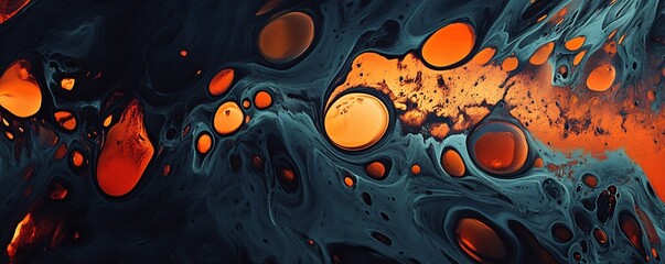 Leinwandbilder - Abstract orange bubbles floating on dark blue liquid surface