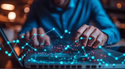 analyzing data on laptop with glowing network connection visualization overlay