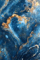 Poster - Blue and gold liquid acrylic painting creating abstract background with cells and swirls