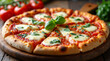 © dubogray1985 - Delicious pizza margherita with melted mozzarella cheese. Italian cuisine. Food background. Freshly baked, served on a wooden board.