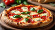 © dubogray1985 - Delicious pizza margherita with melted mozzarella cheese. Italian cuisine. Food background. Freshly baked, served on a wooden board.