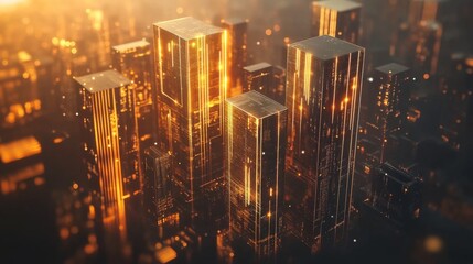 Fototapete - A set of metallic D bars in a financial chart rising steadily in height, with a dark, futuristic background and glowing digital data points floating around