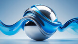 A shiny chrome sphere is enveloped by flowing, iridescent blue metallic liquid on a light background.