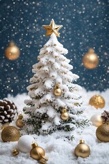 Aufkleber - Snow falling on snowy christmas tree with gold and white ornaments