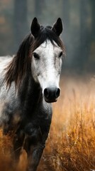 Naklejka na meble Majestic gray horse standing in a golden field during autumn with soft light illuminating its features