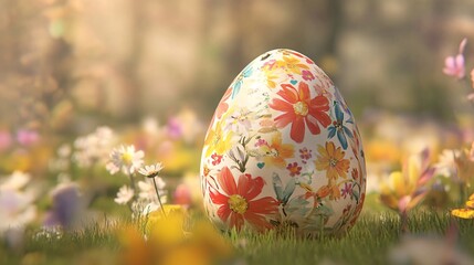 Wall Mural - easter egg standing in a field of flowers