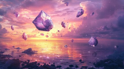 Wall Mural - Mystic wallpaper with crystal overlays and soft surreal cubist tones