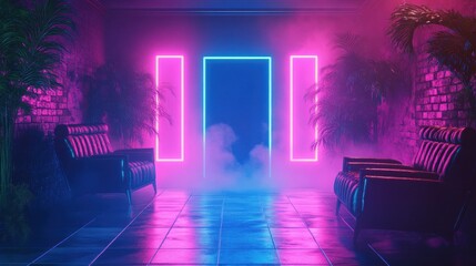 Wall Mural - Electric neon waves drift in silky synthwave backdrop