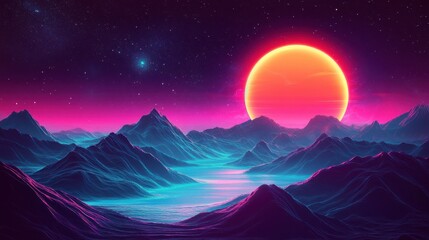 Wall Mural - Cosmic backdrop with indigo and green synthwave particles