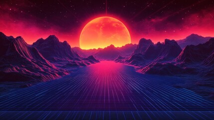 Wall Mural - abstract retro synthwave wallpaper with glowing horizon