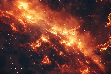 dramatic orange nebula shining brightly in dark space abstract background