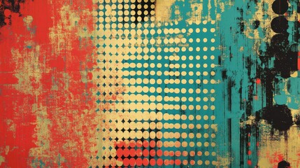 Wall Mural - Distressed pop background with red-gold dots on screen texture