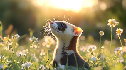 cute ferret gazing upward in a field of daisies at sunrise